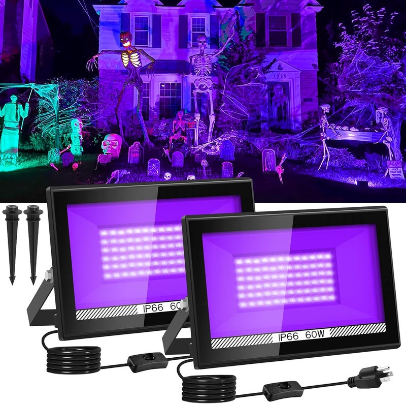 T-SUN 2 Pack 60W Black Lights Outdoor, Blacklight Flood Light with US Plug and Switch, IP66 Waterproof Black Lights for Glow Party, Glow in The Dark, Body Paint Fluorescent Poster Halloween - Image 1